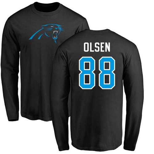 Carolina Panthers Men Black Greg Olsen Name and Number Logo NFL Football #88 Long Sleeve T Shirt